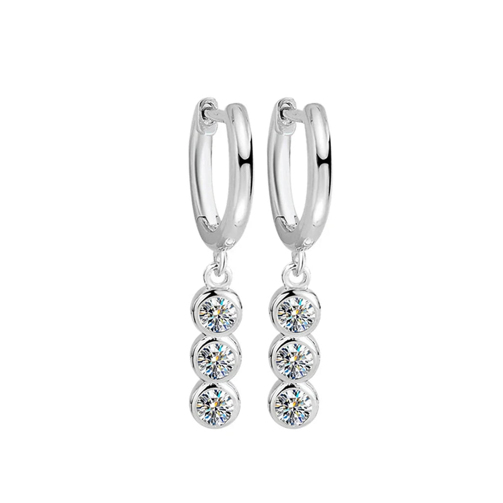 Three-Stone Moissanite Hoop Drop Earrings in Sterling Silver