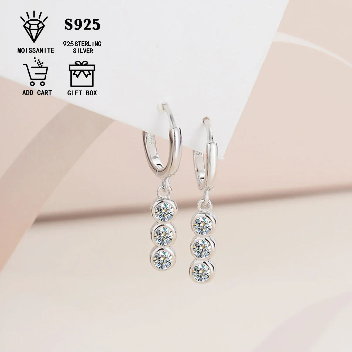 Three-Stone Moissanite Hoop Drop Earrings in Sterling Silver