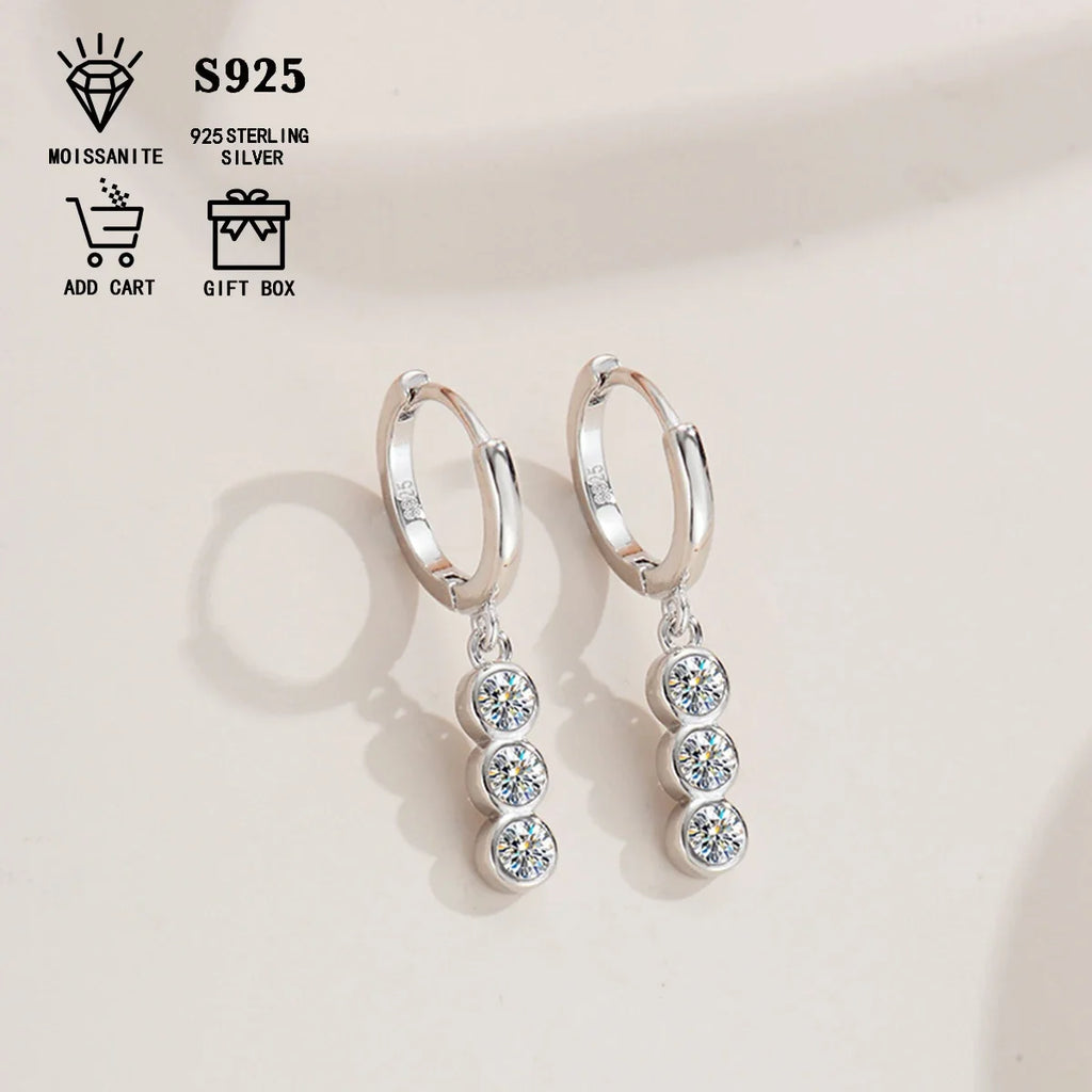 Three-Stone Moissanite Hoop Drop Earrings in Sterling Silver