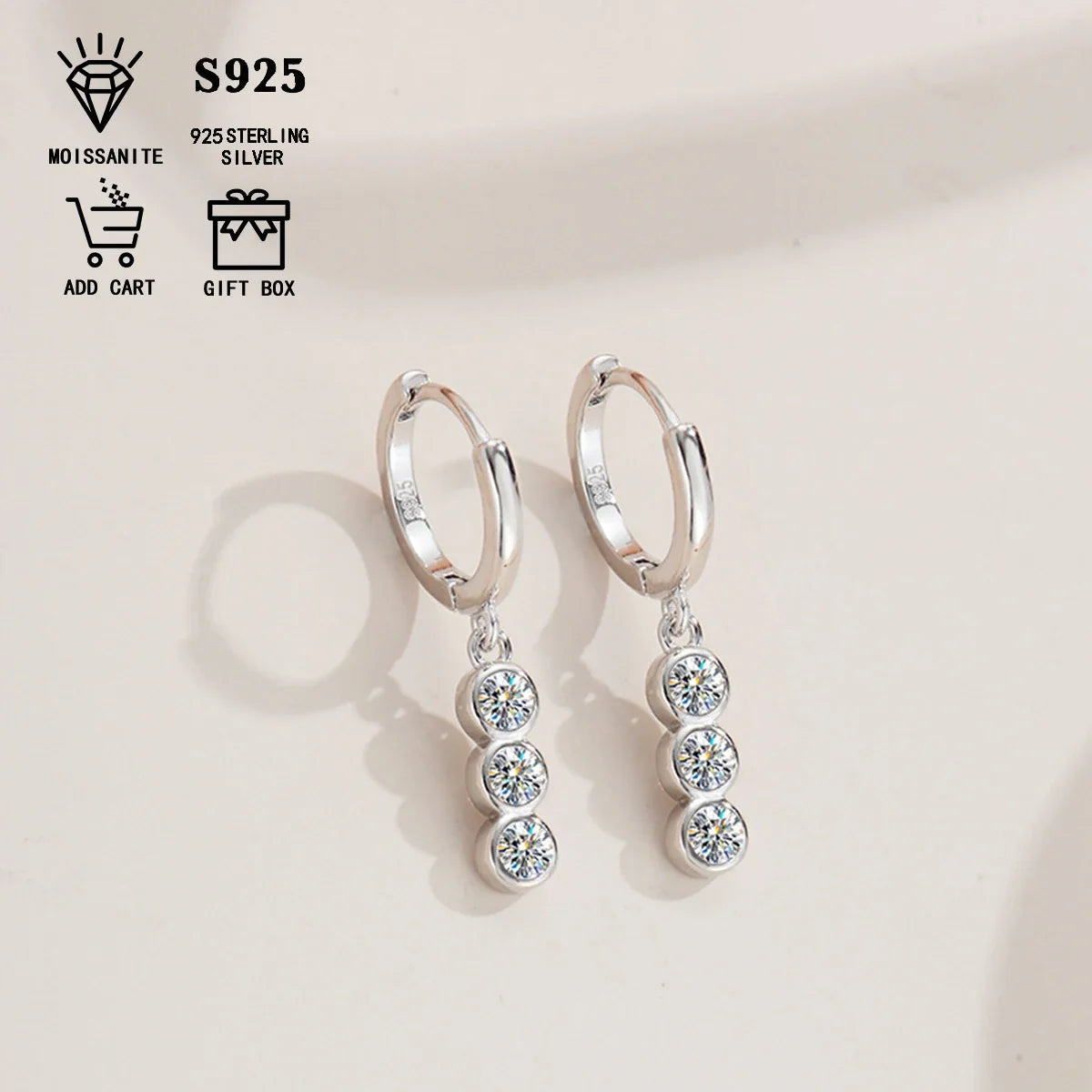 Three-Stone Moissanite Hoop Drop Earrings in Sterling Silver