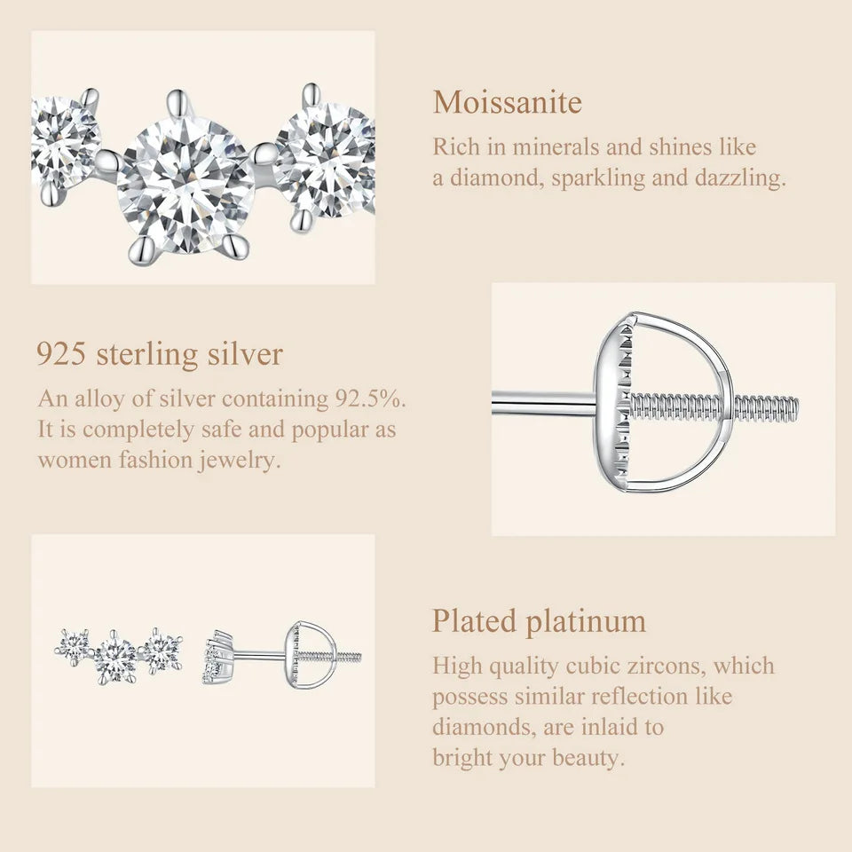 Three-Star Moissanite Screw-Back Stud Earrings