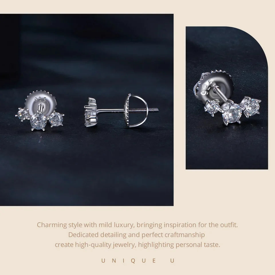 Three-Star Moissanite Screw-Back Stud Earrings