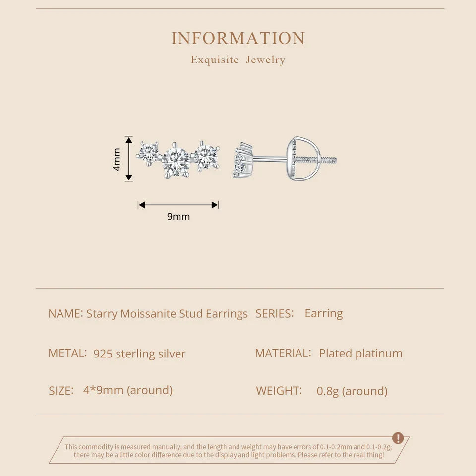 Three-Star Moissanite Screw-Back Stud Earrings