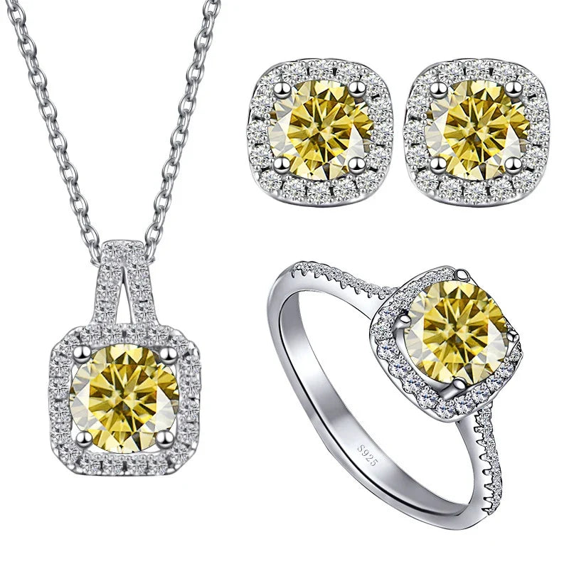Colored Cushion Halo Moissanite Necklace, Earrings & Ring Set