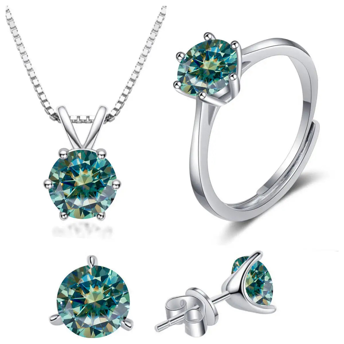 Colored Moissanite Necklace, Stud Earrings & Ring Set