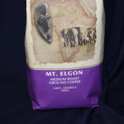 Out of Africa Mt Elgon Medium Roast Ground Coffee package close-up showing product label