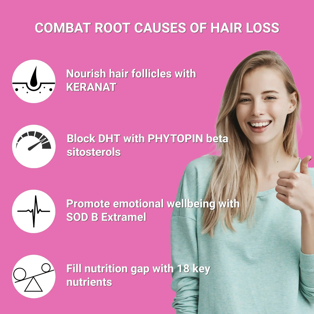 Close-up of UpNourish LUSTROUS HAIR with shiny, healthy-looking hair strands against a neutral background.