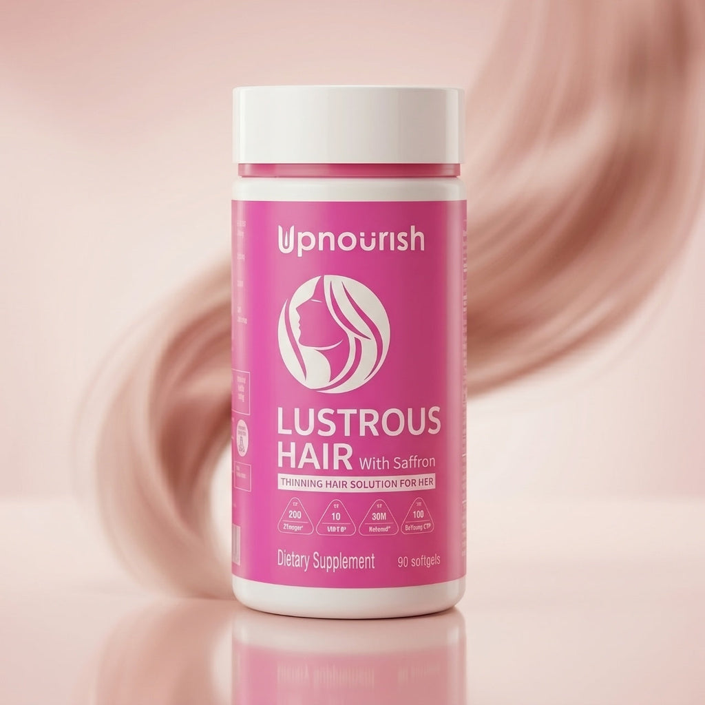 Shiny, healthy-looking hair styled with UpNourish LUSTROUS HAIR serum showcasing smooth, glossy locks.
