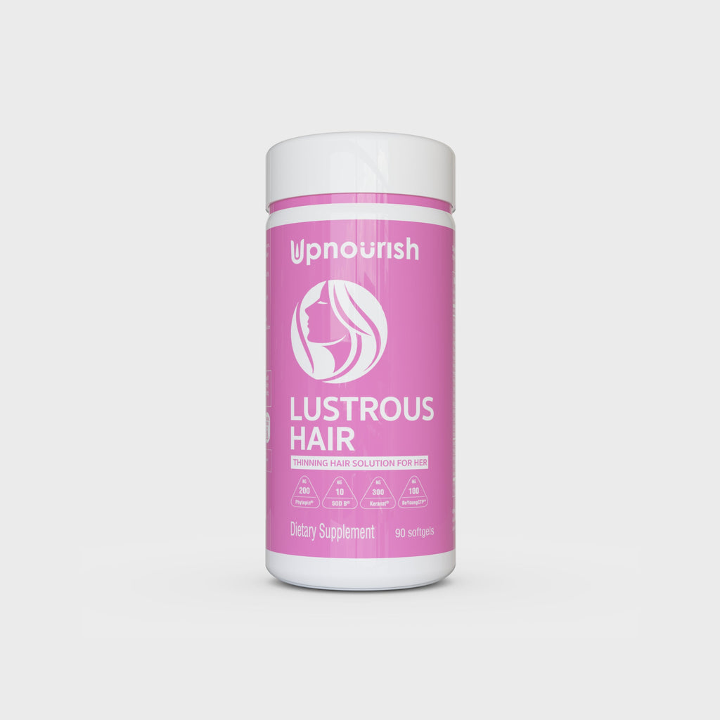 UpNourish LUSTROUS HAIR product showing shiny, healthy hair with smooth, flowing strands in a vibrant setting