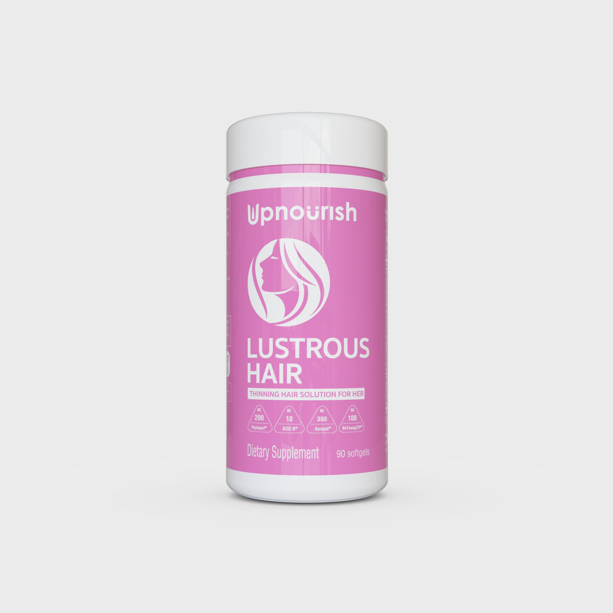UpNourish LUSTROUS HAIR product showing shiny, healthy hair with smooth, flowing strands in a vibrant setting