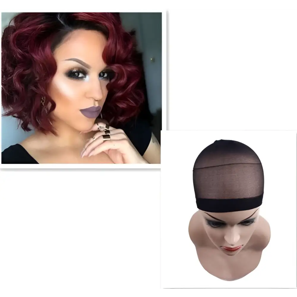Voluminous Burgundy Curly Synthetic Wig — Oblique Bangs, 12 Inch, Any Skin Tone