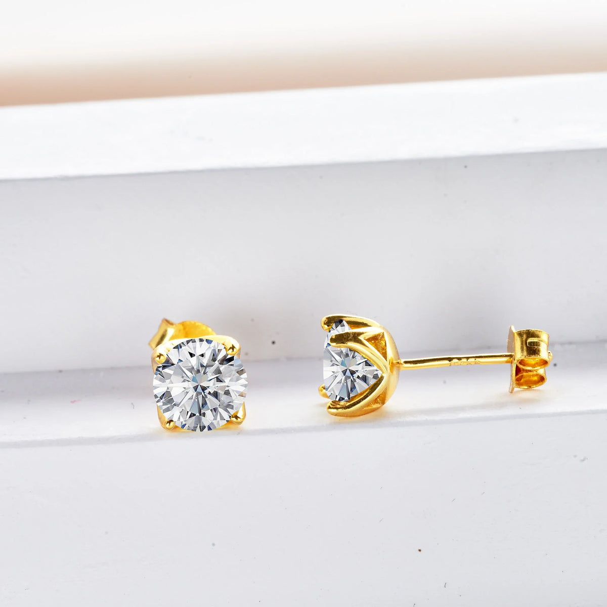 Round Colored Moissanite Stud Earrings in Gold-Tone Sterling Silver