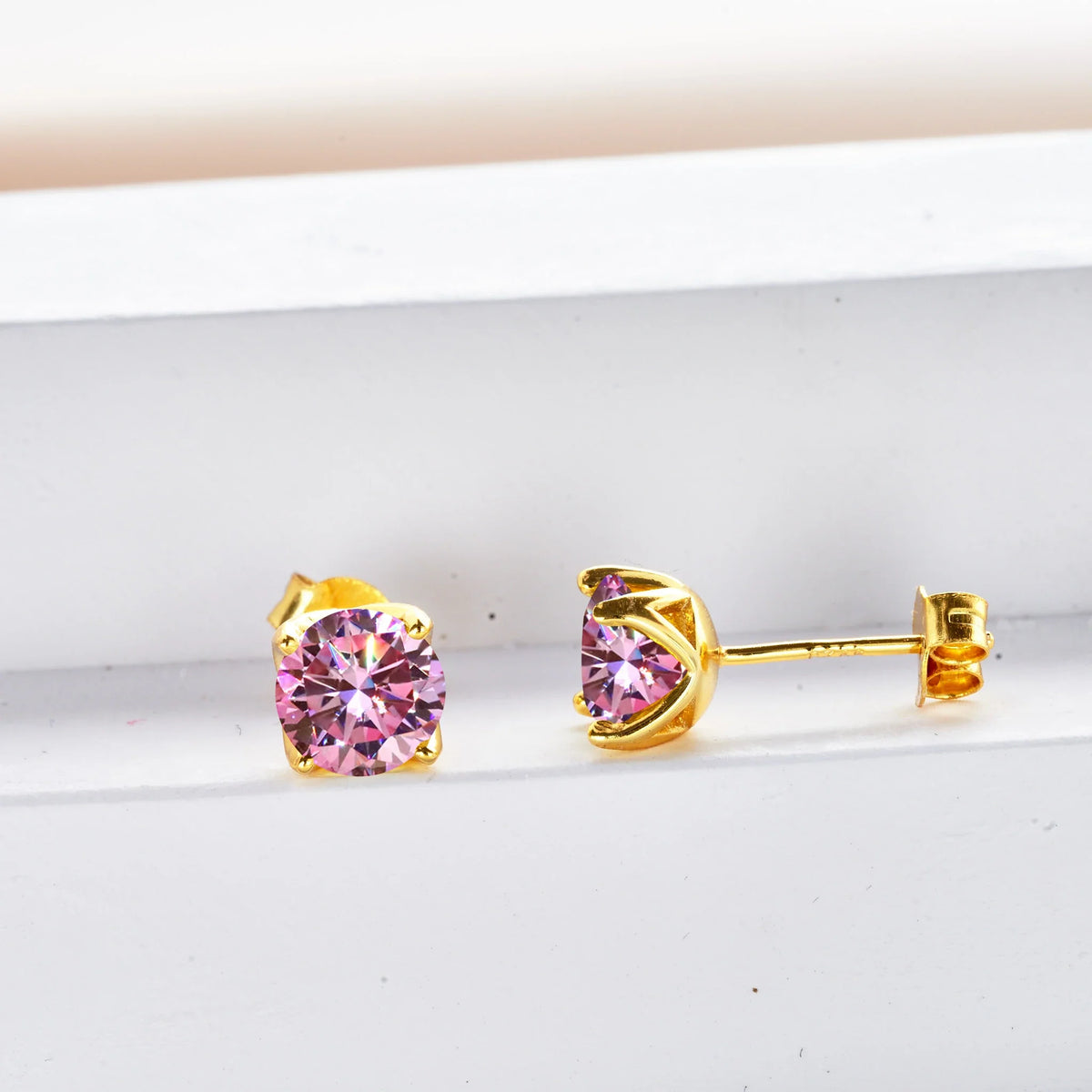 Round Colored Moissanite Stud Earrings in Gold-Tone Sterling Silver