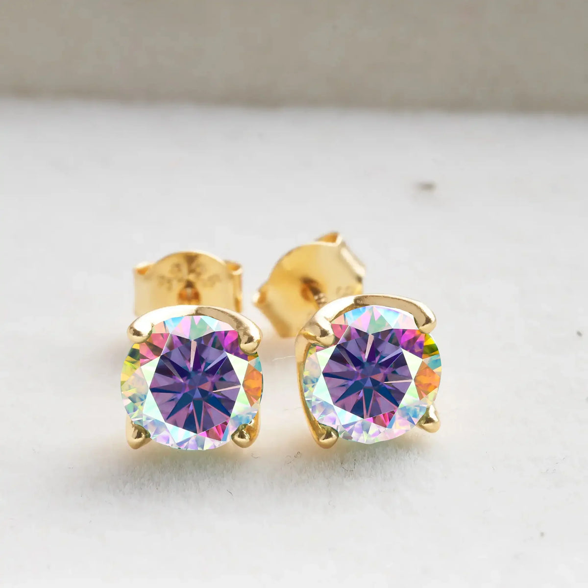 Round Colored Moissanite Stud Earrings in Gold-Tone Sterling Silver