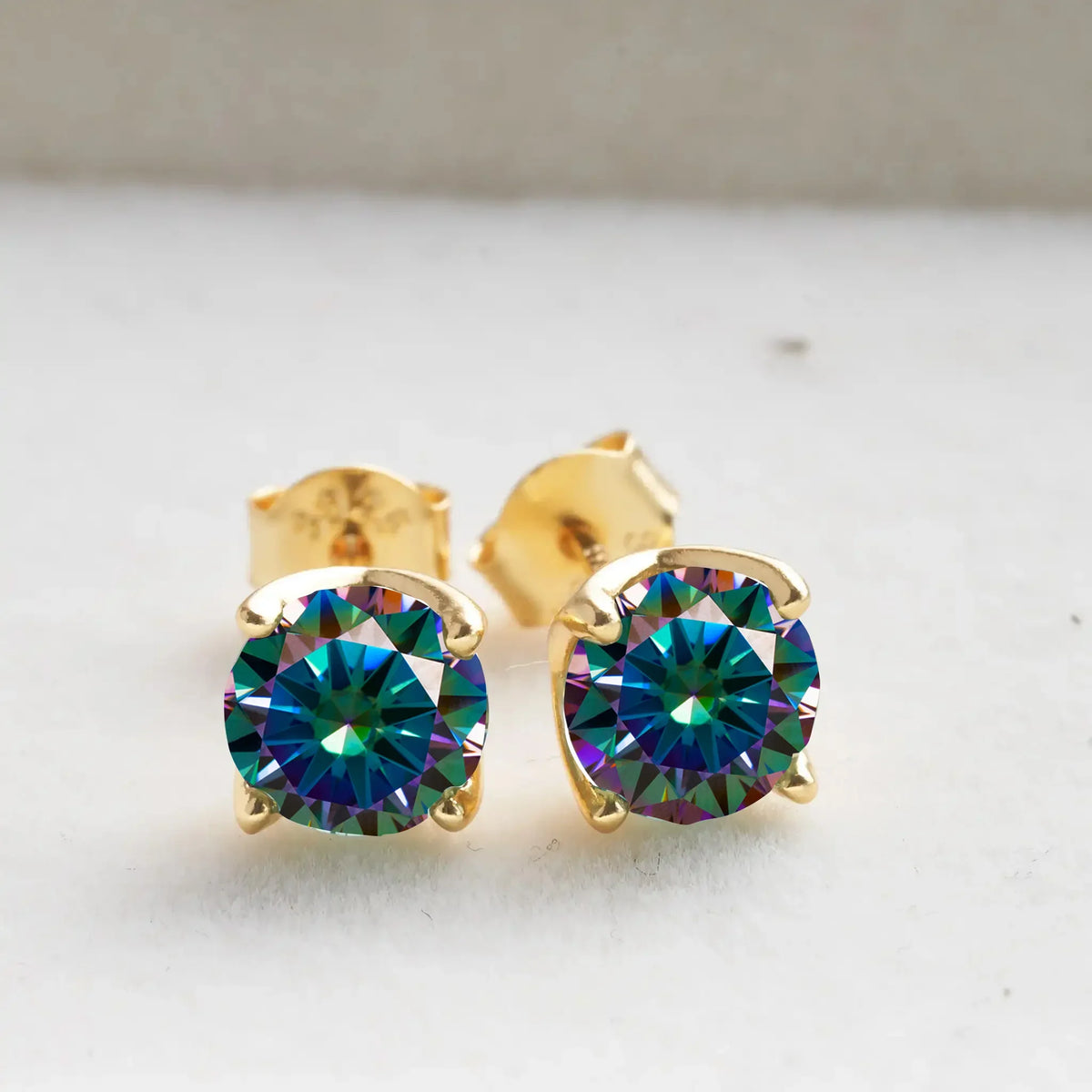 Round Colored Moissanite Stud Earrings in Gold-Tone Sterling Silver