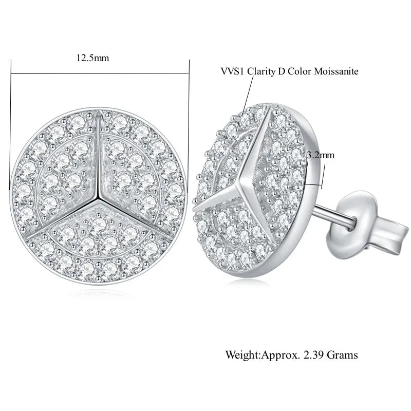 Geometric Round Pavé Moissanite Stud Earrings in Silver