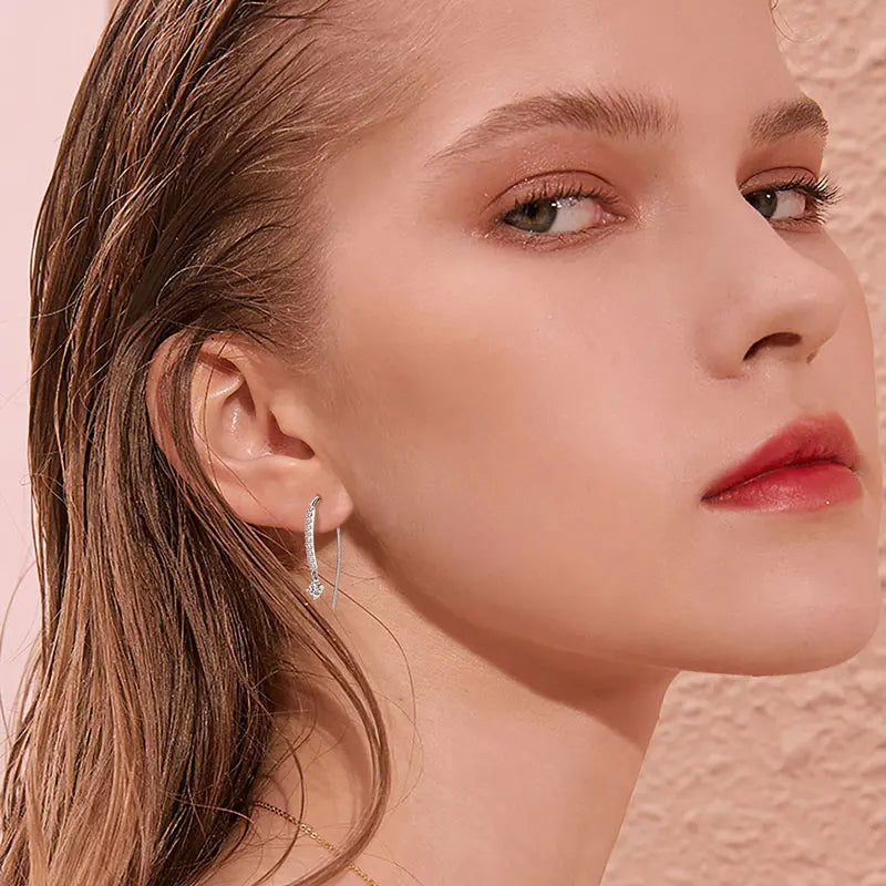 Moissanite Curved Threader Drop Earrings in Sterling Silver