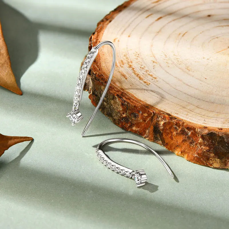 Moissanite Curved Threader Drop Earrings in Sterling Silver