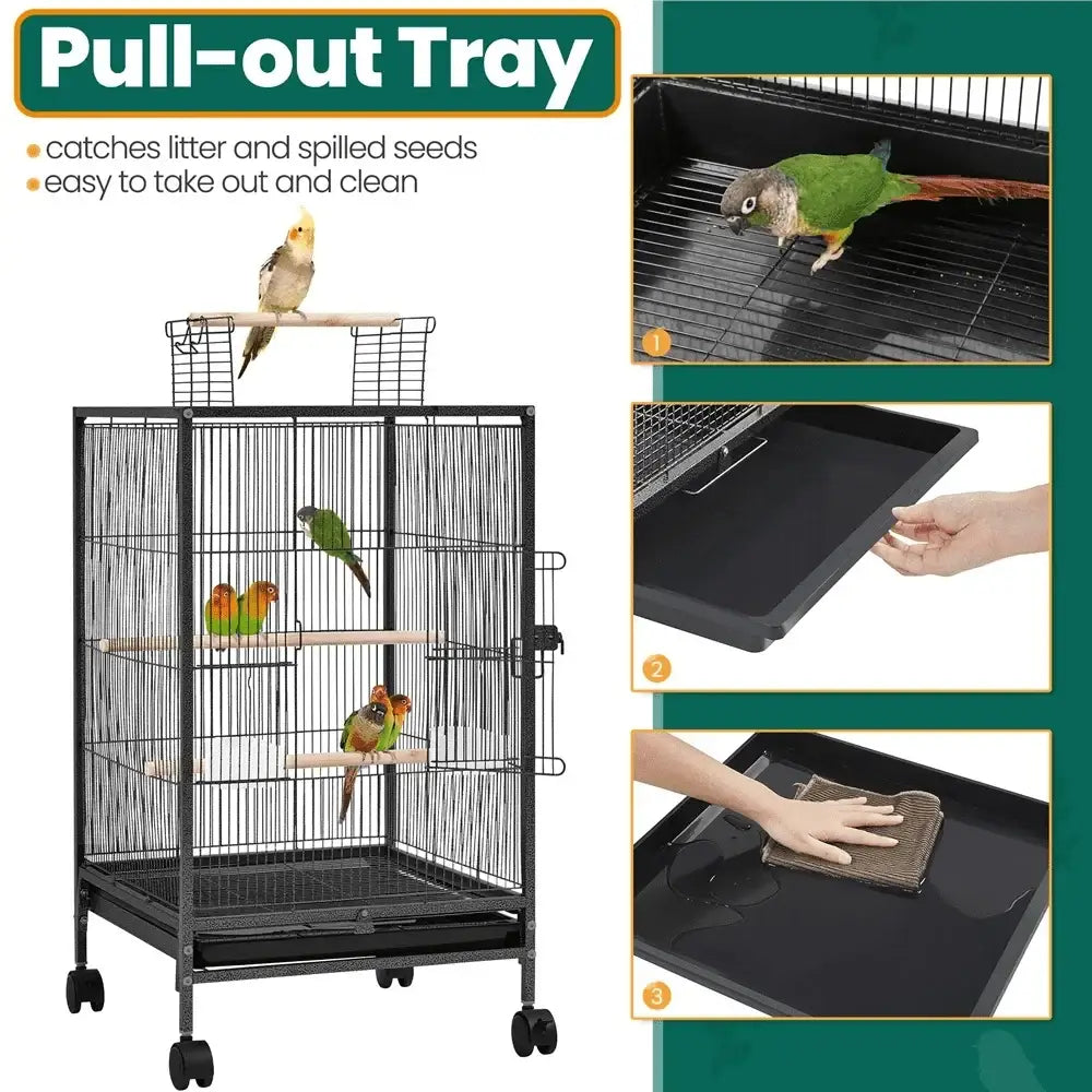 Black metal wheeled bird cage with wooden perches for living room