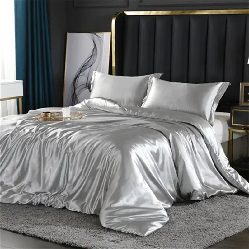 White satin silk blend duvet cover set bedroom bedspread