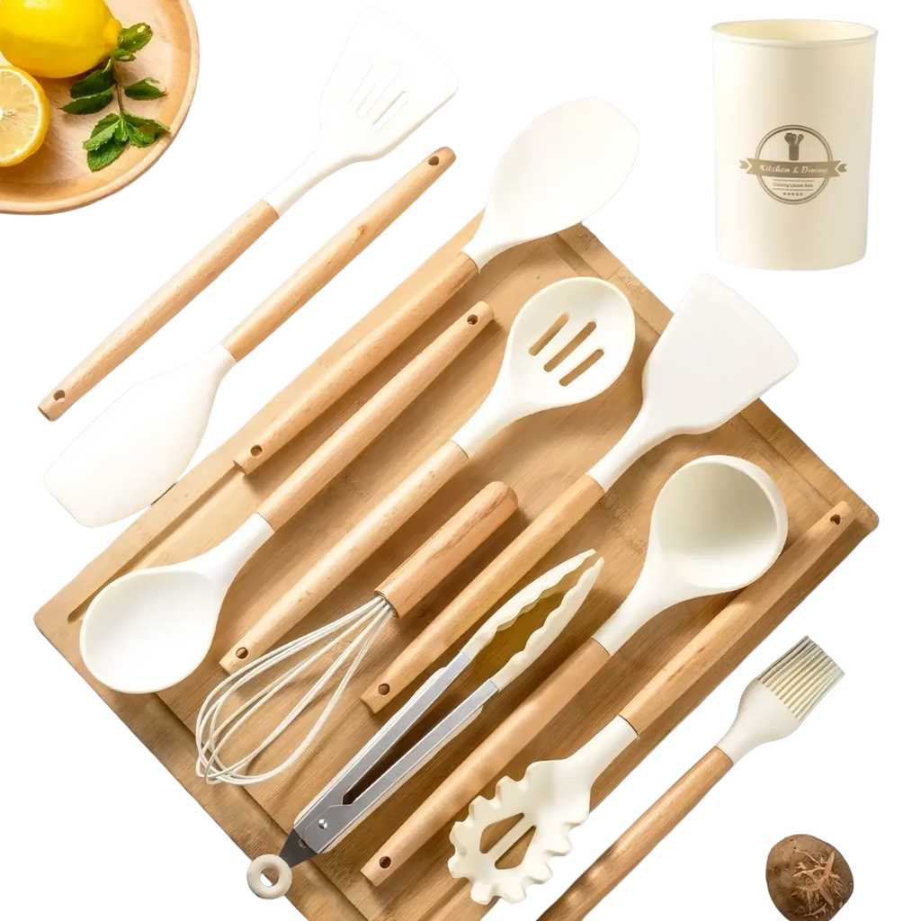 White Silicone Kitchen Utensils Set Wooden Handle