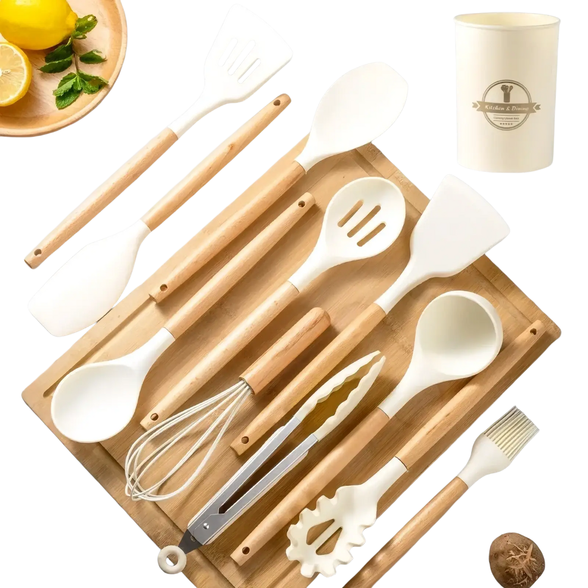 White Silicone Kitchen Utensils Set Wooden Handle