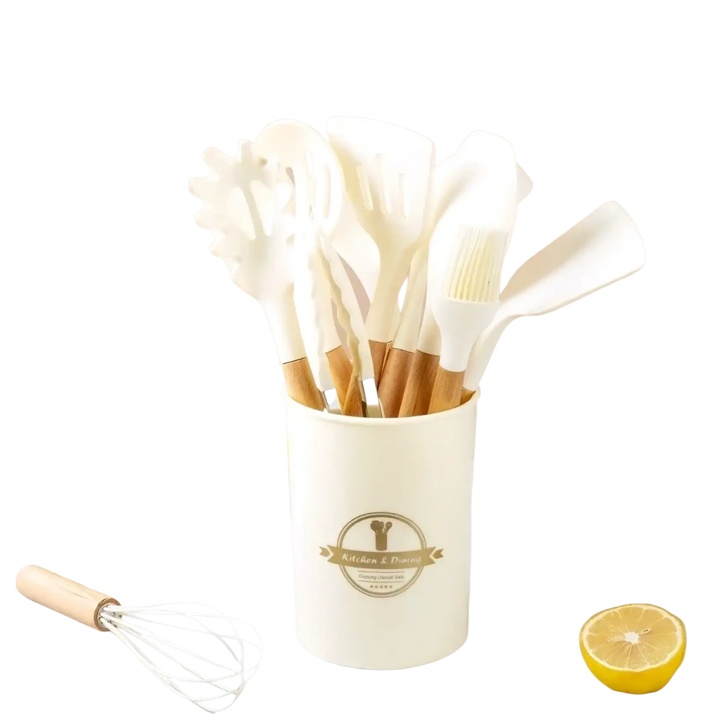 White Silicone Kitchen Utensils Set Wooden Handle