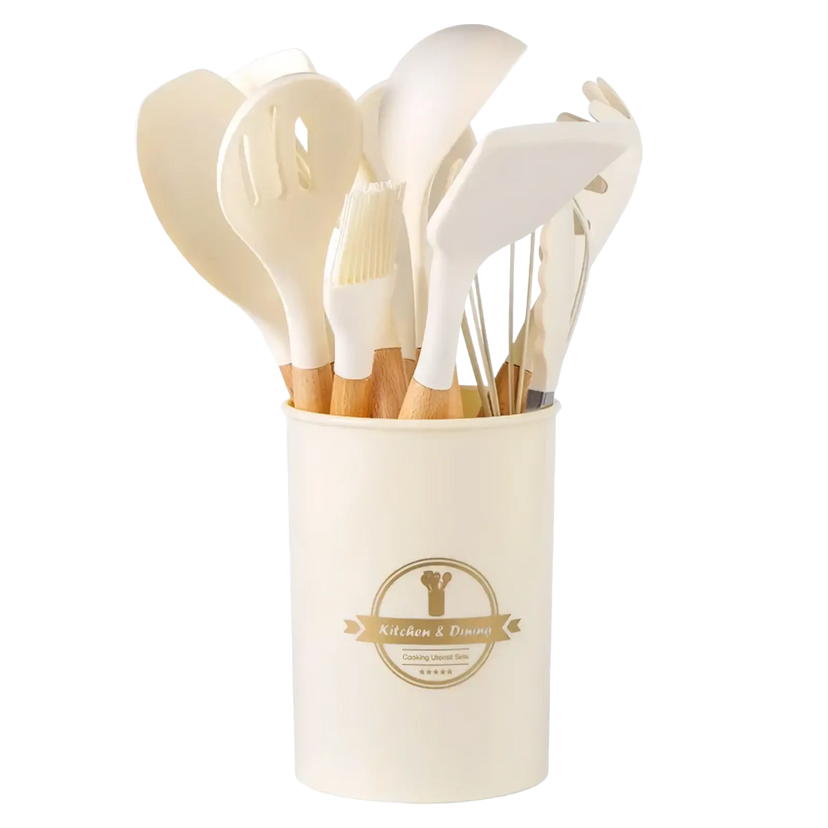 White Silicone Kitchen Utensils Set Wooden Handle