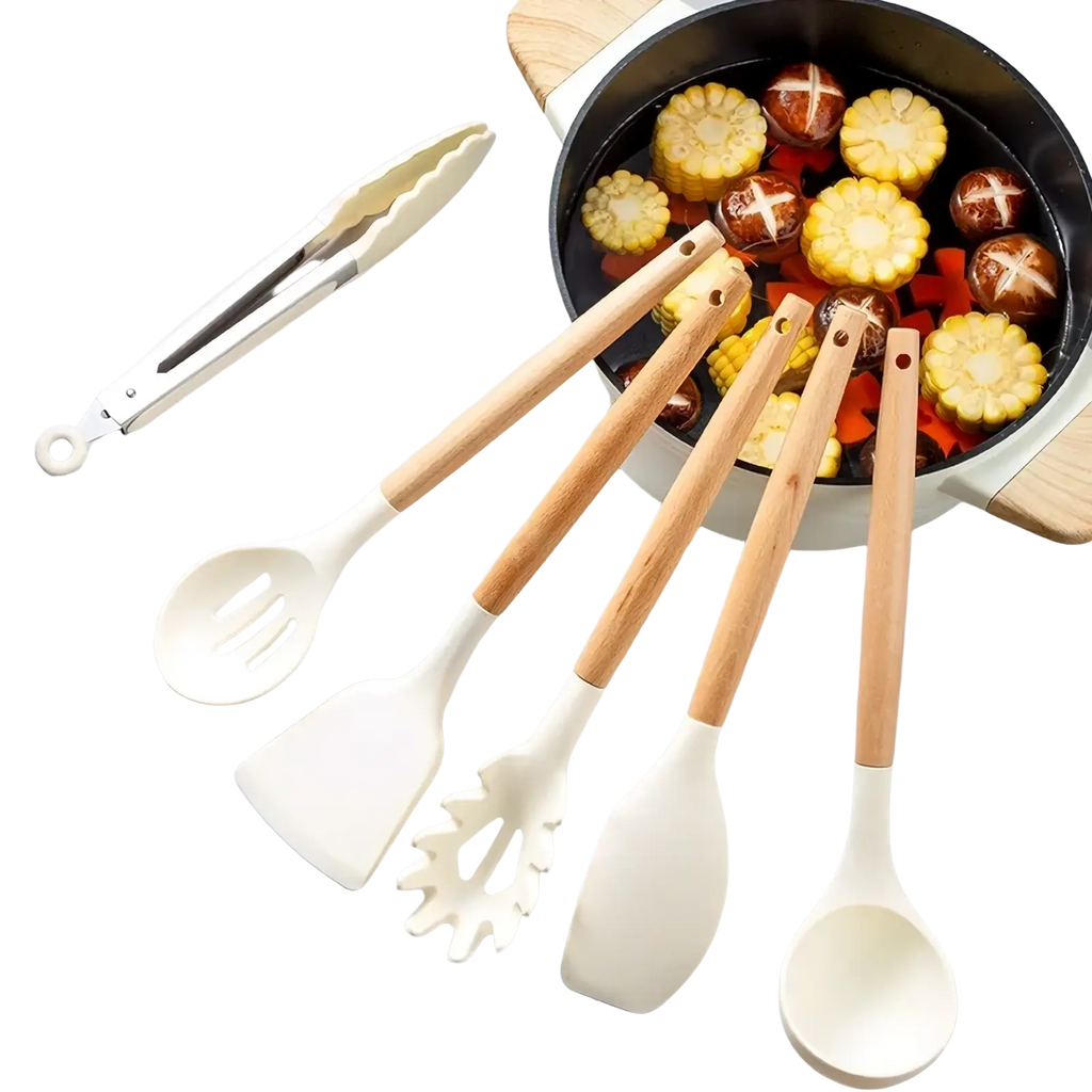 White Silicone Kitchen Utensils Set Wooden Handle