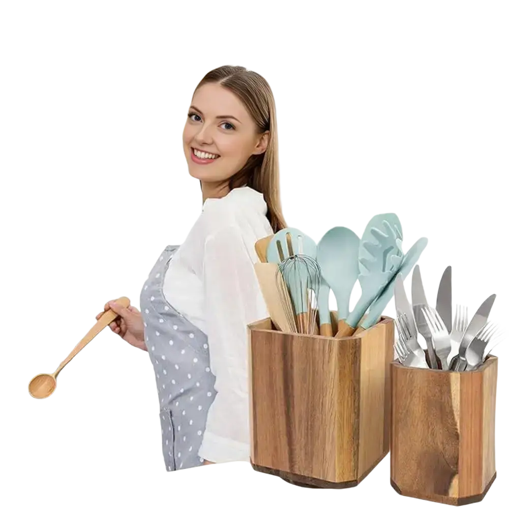 Wooden Rotating Kitchen Utensil Holder Countertop Organizer