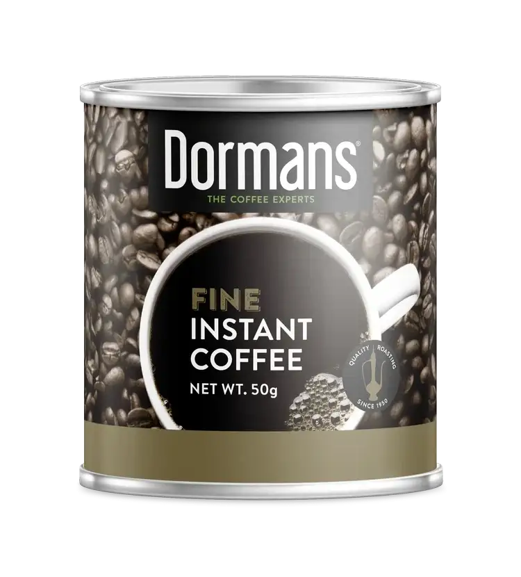 Dormans Fine Instant Coffee 200g premium instant coffee presented in a cylindrical metal tin with a roasted coffee bean design, large Dormans Coffee Experts branding, Fine Instant Coffee wording, white coffee cup graphic, 200g net weight, quality roasting badge, gold lower packaging section, and silver metal lid and base on a clean white background.