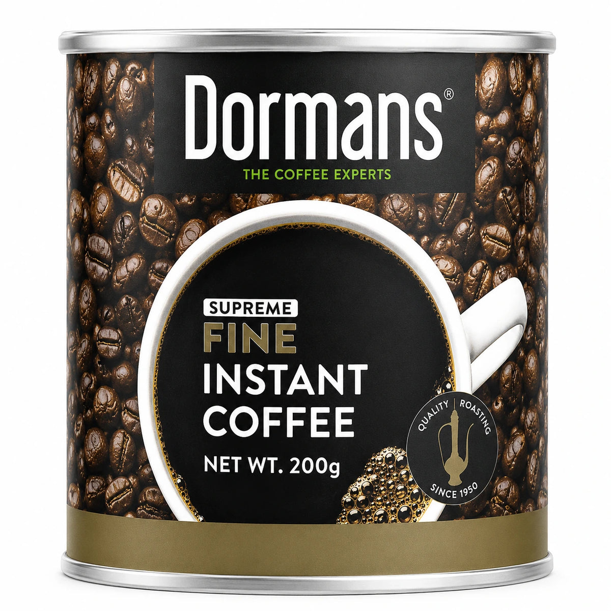 Dormans Supreme Fine Instant Coffee 200g in a cylindrical coffee tin, featuring the Dormans Coffee Experts logo, roasted coffee bean packaging design, Supreme Fine Instant Coffee label, 200g net weight, and quality roasting badge, presented clearly against a clean white background for World Safari Shops.