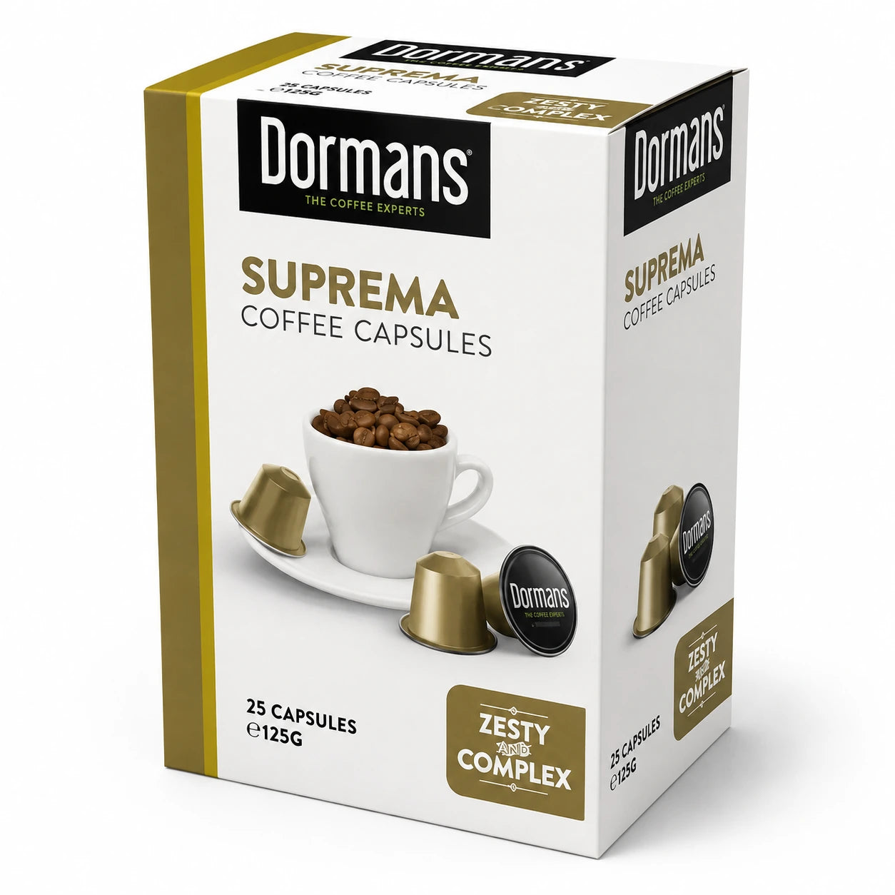 Dormans Kilimanjaro Coffee Capsules 25 capsules 125g featuring a Light and Fruity coffee profile, shown in a white and blue Dormans package with blue coffee capsules, coffee beans, a white coffee cup and saucer, and clearly visible Dormans branding. The coffee capsule box is presented at a three-quarter angle against a clean white studio background, showing the front, right side, top, 25 capsule quantity, 125g weight, Kilimanjaro Coffee Capsules product name, and Light and Fruity packaging details for singl
