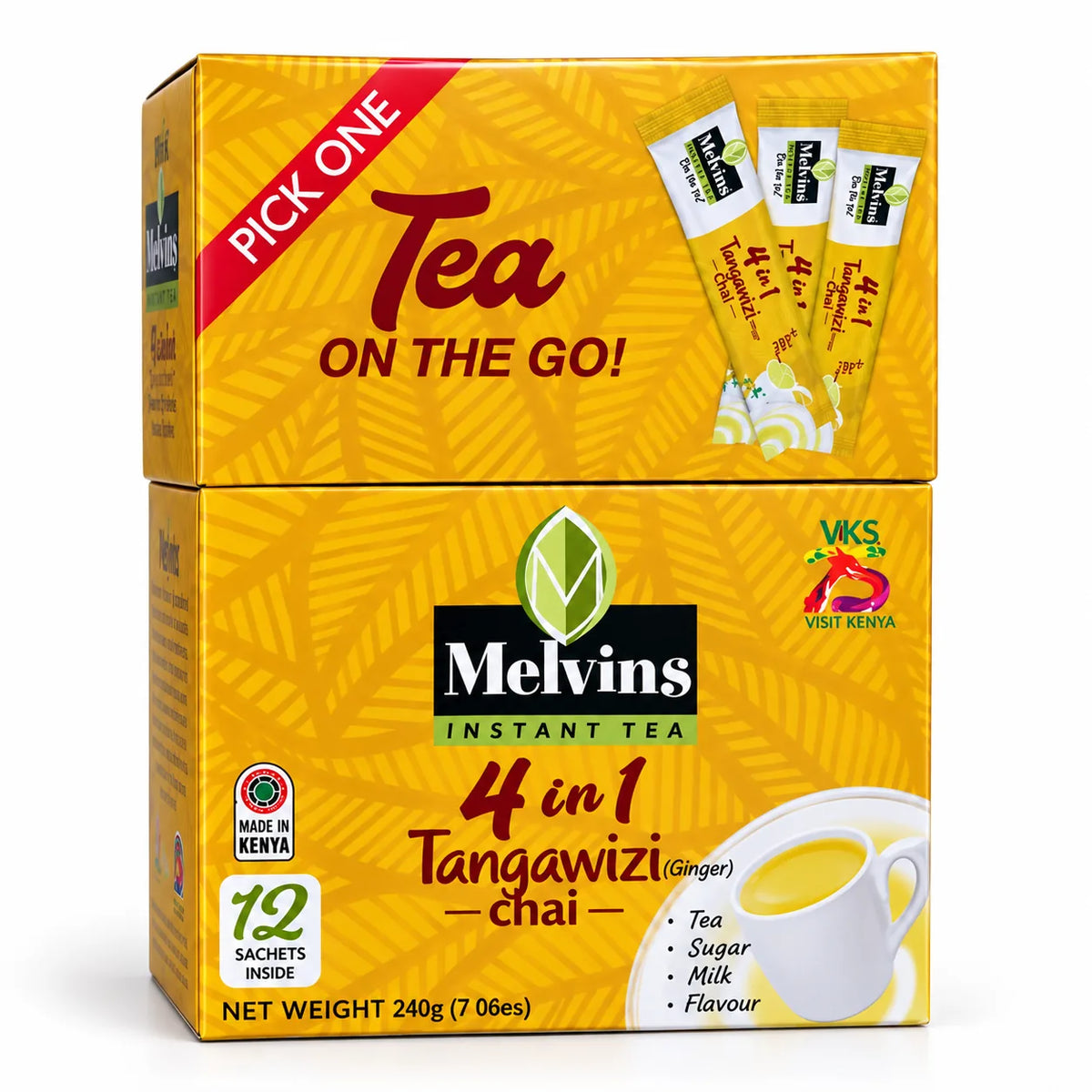 Melvins 4 in 1 Tangawizi Ginger Chai instant tea, 12 sachets, 240g Kenyan tea blend with milk, sugar and flavor, convenient African tea for US shoppers seeking authentic Kenyan tea, ginger chai, instant tea and easy preparation.