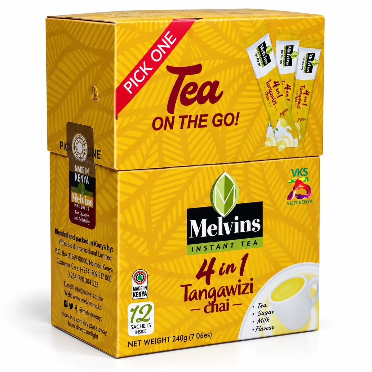 Melvins 4 in 1 Tangawizi Ginger Chai instant tea with 12 sachets, 240g Kenyan tea blend featuring milk, sugar and flavor, ideal for US shoppers seeking authentic African tea, Kenyan-made beverages, convenient ginger chai online for convenient home tea preparation.