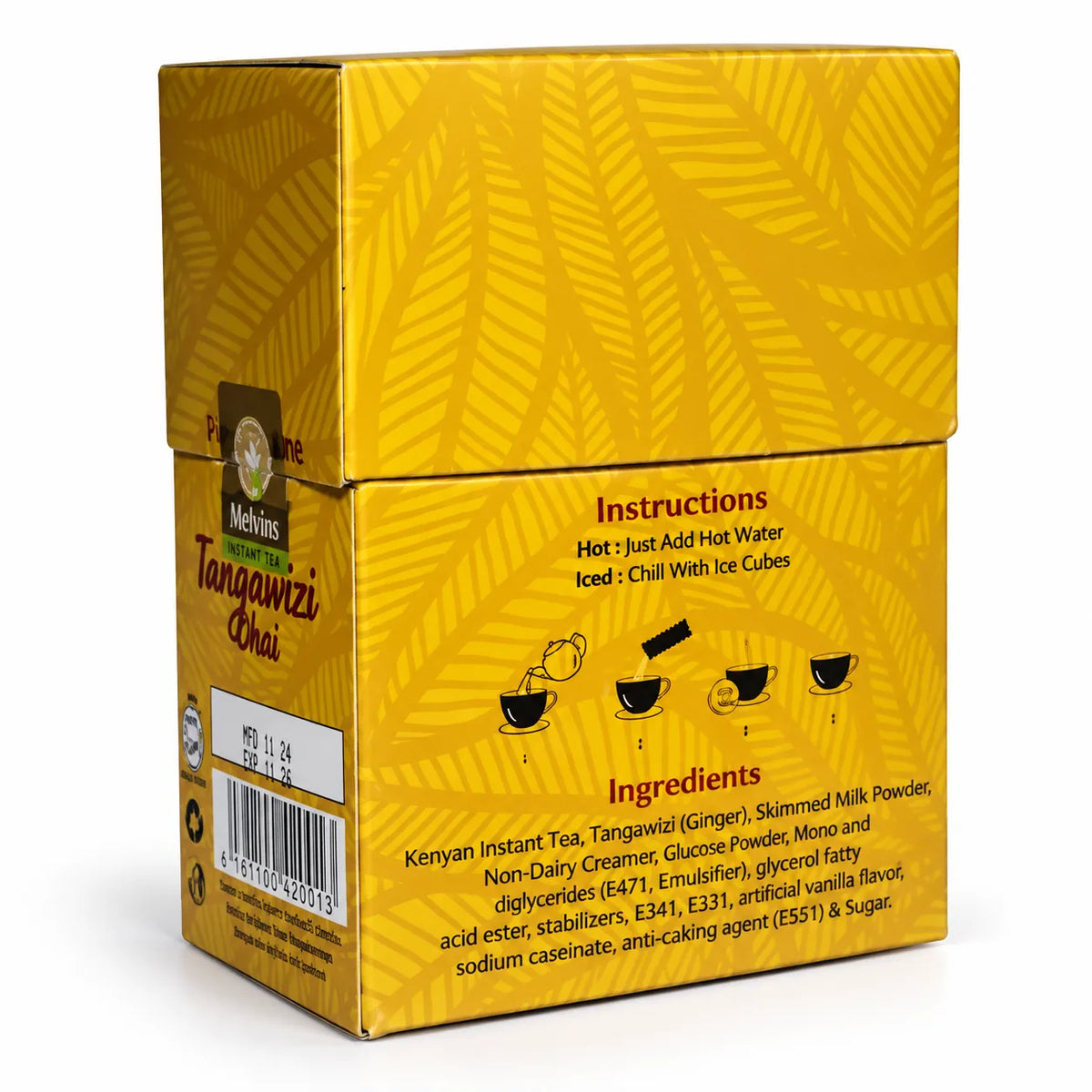 Melvins Tangawizi Chai 4 in 1 instant ginger tea package showing preparation instructions and ingredients, authentic Kenyan tea blend with milk, sugar and flavor, ideal for US shoppers looking for African tea, ginger chai and convenient instant beverages online.