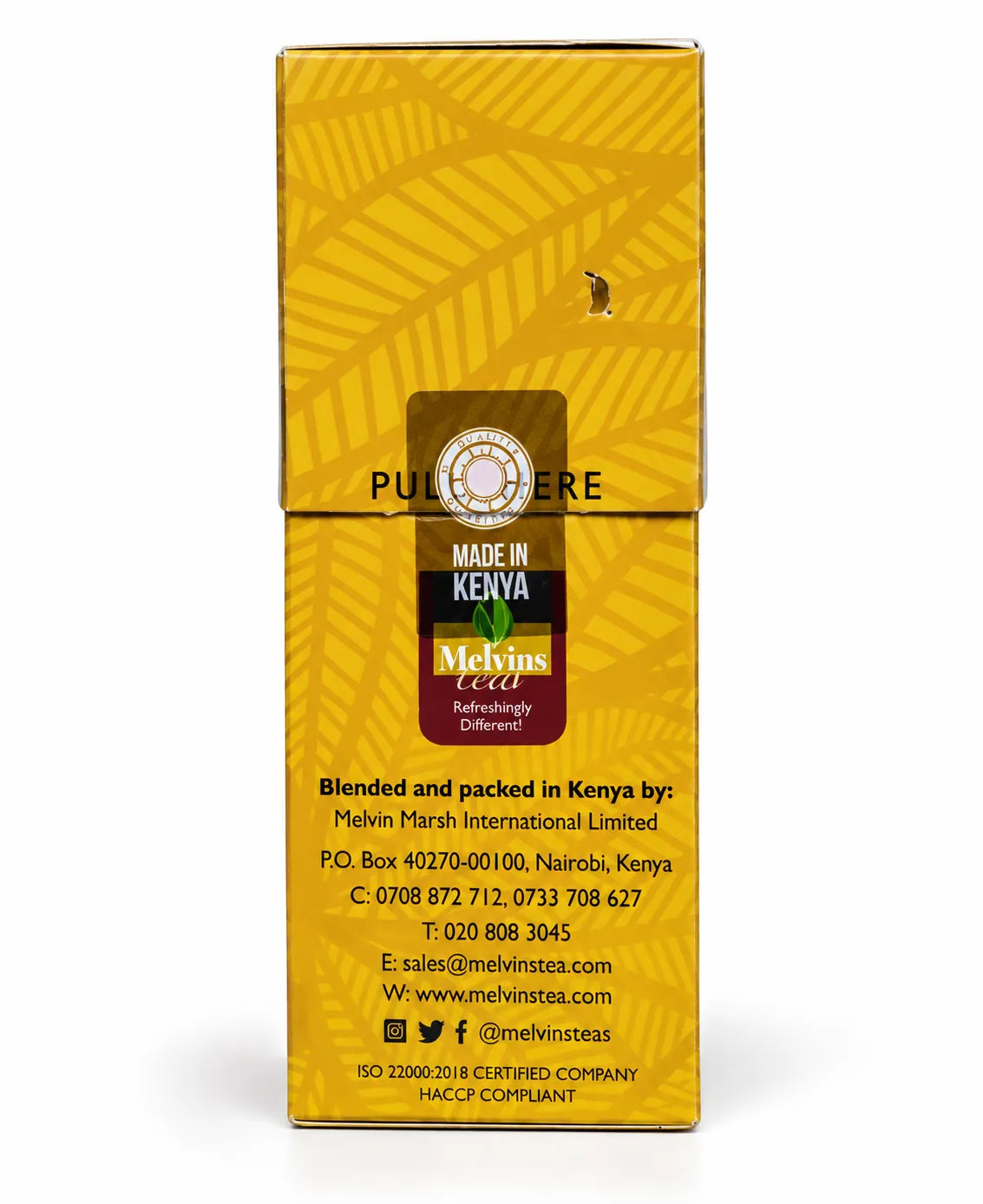 Melvins Tangawizi Ginger Chai instant tea box showing Made in Kenya branding and certification details, authentic Kenyan tea for US customers shopping for African tea, ginger chai, instant beverages and Kenyan tea products online with convenient preparation and distinctive flavor.