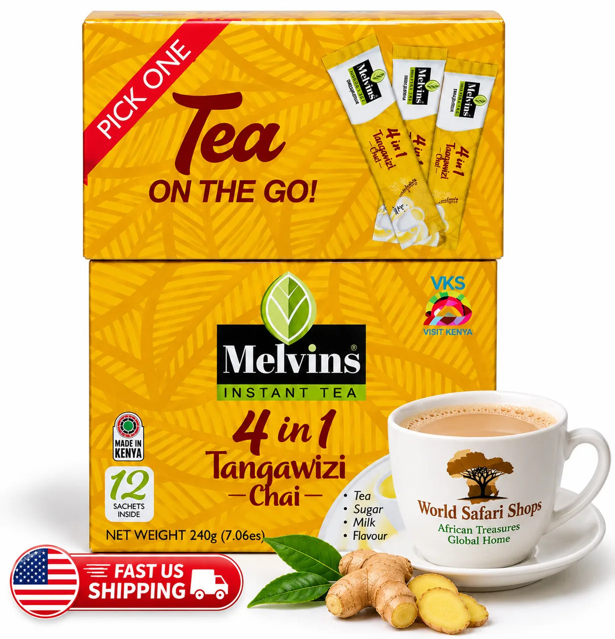 Melvins 4 in 1 Tangawizi Ginger Chai instant tea with 12 sachets and 240g packaging, authentic Kenyan tea blend for US shoppers seeking African tea, convenient chai, ginger flavor, and easy preparation at home or online today from Kenya now.