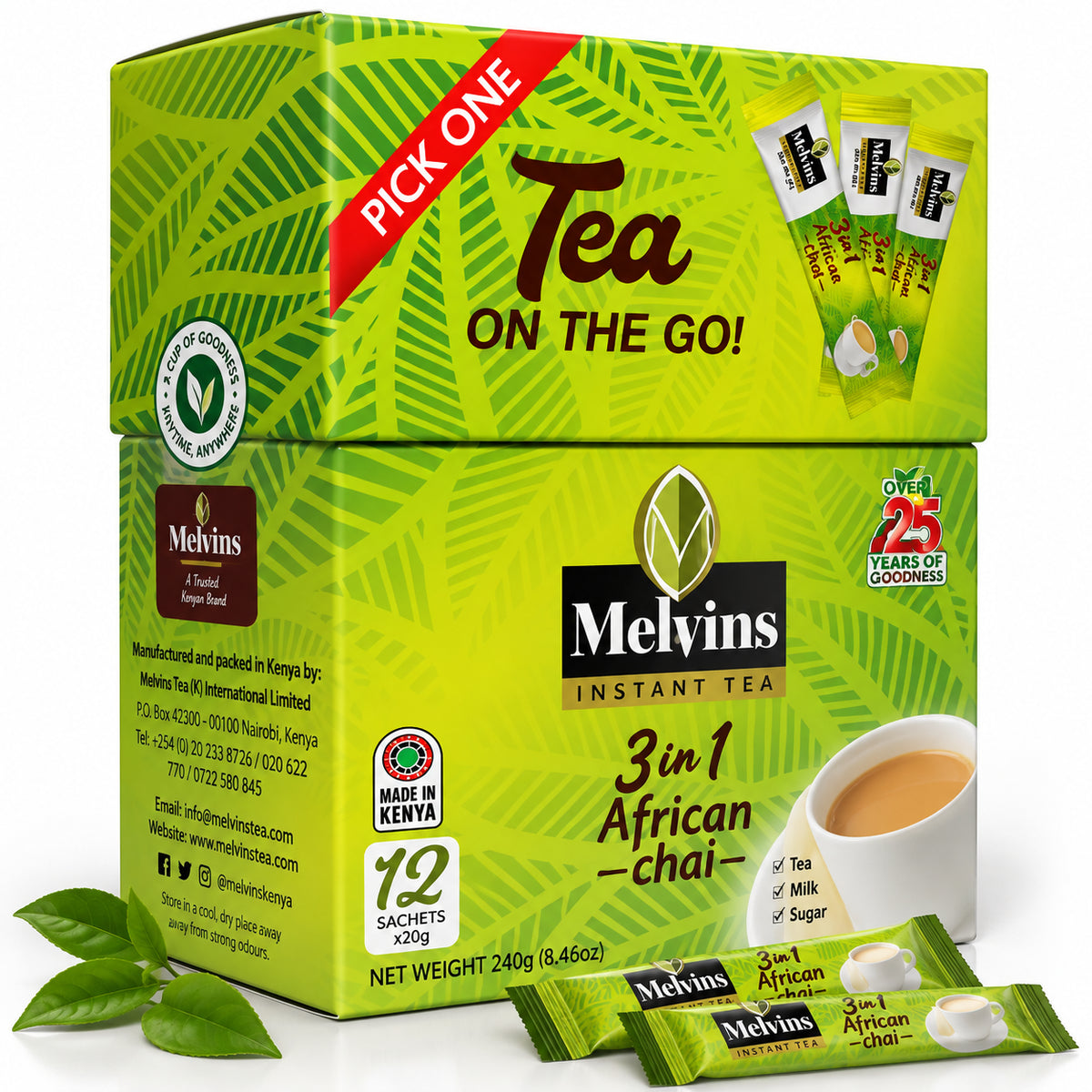 Melvins 3 in 1 African Chai instant tea box with sachets, Kenyan tea blend featuring tea, milk and sugar. Melvins tea bags containing instant Kenyan tea blend, combining tea, sugar and creamer for convenient Kenya chai tea preparation at home, work or travel.