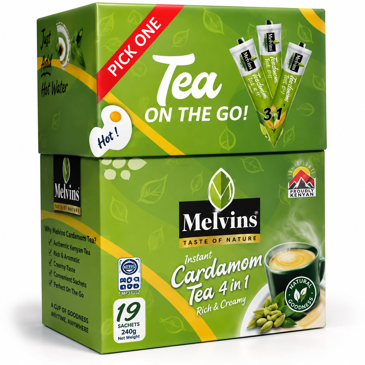 Melvins Instant Cardamom Tea 4 in 1 box with 19 sachets, Kenyan tea blend with milk, sugar and cardamom, rich and creamy