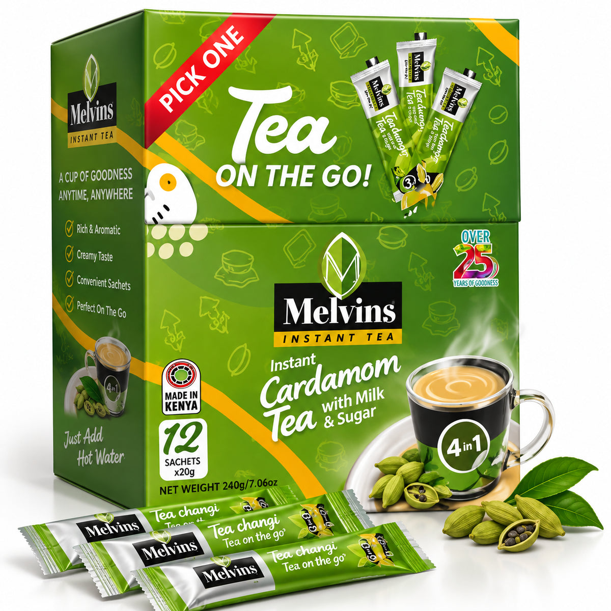 Melvins Instant Cardamom Tea 4 in 1 green box with sachets, Kenyan tea with milk, sugar and cardamom, 240g net weight.