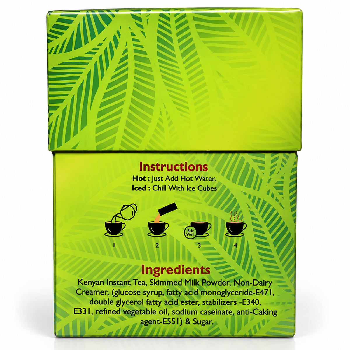 Melvins 3 in 1 African Chai tea box showing preparation instructions and ingredients panel for 240g Kenyan instant tea. Melvins Instant Tea 3 in 1 sachets featuring Kenyan chai tea with sugar and creamer, convenient single serve packets for smooth creamy tea preparation.