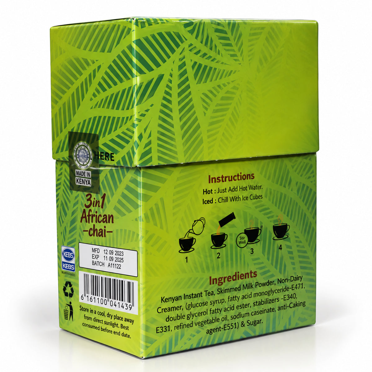 Melvins 3 in 1 African Chai tea box showing right side instructions, ingredients, barcode, Kenyan packaging details and green leaf design. Melvins Instant Tea 3 in 1 sachets featuring premium Kenyan chai tea with sugar and creamer, convenient single-serve packets for smooth creamy tea preparation.