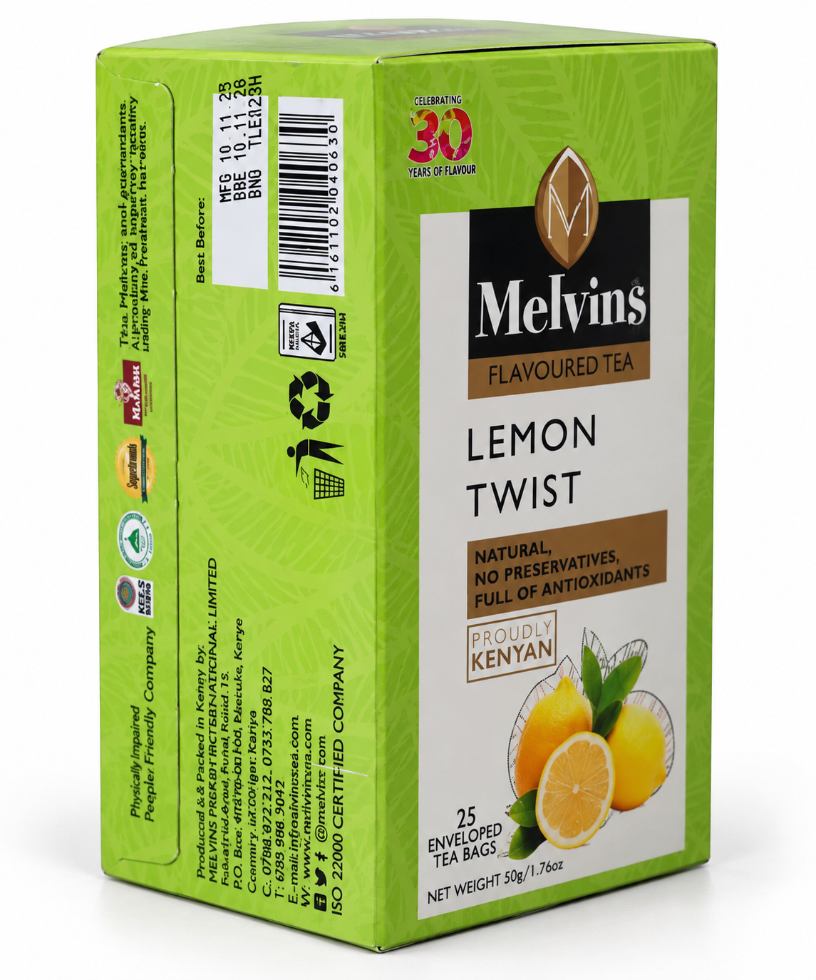 Melvins Lemon Twist flavored tea box with 25 enveloped tea bags, authentic Kenyan black tea blended with lemon flavor, ideal for US shoppers seeking lemon tea bags, citrus tea, refreshing black tea, breakfast tea, premium Kenyan tea and everyday beverages.