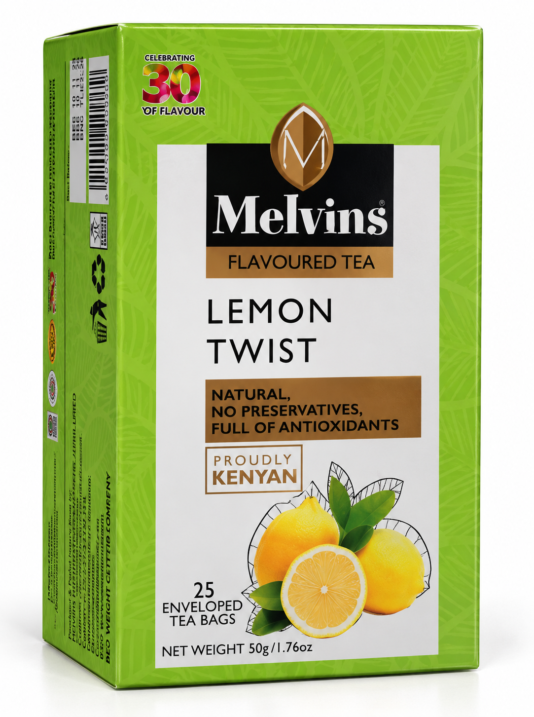 Melvins Lemon Twist flavored tea package with 25 enveloped tea bags, authentic Kenyan black tea infused with lemon flavor, ideal for US shoppers seeking lemon tea bags, citrus tea, refreshing black tea, premium Kenyan tea, breakfast tea and everyday beverages.