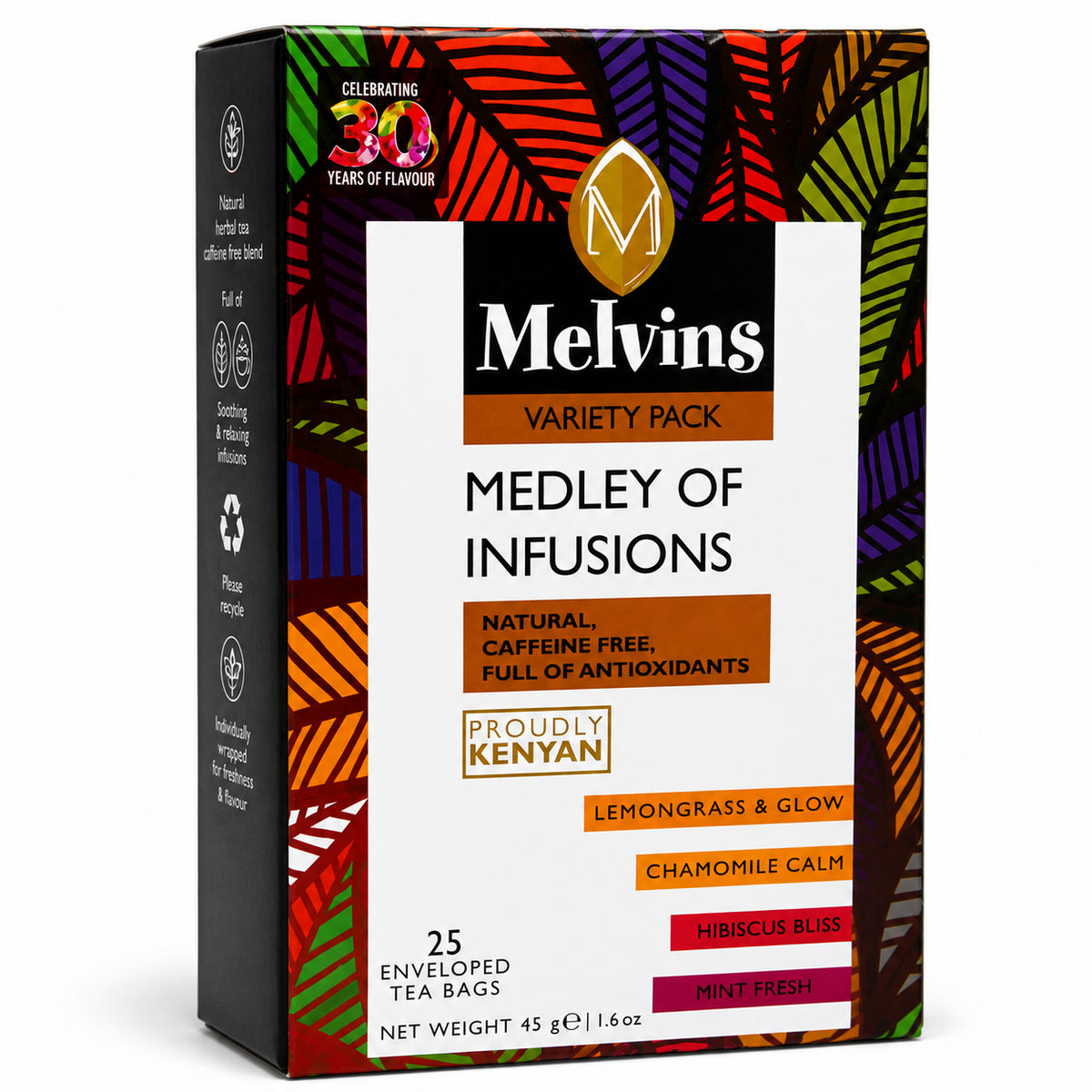 Melvins Medley of Infusions Tea Bags 25s Kenyan herbal tea variety pack with lemon ginger, chamomile, hibiscus and mint infusions
