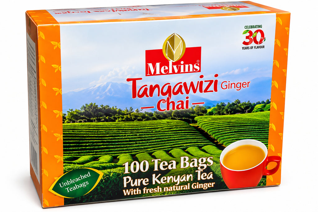 Melvins Tangawizi Ginger Chai with 100 tea bags, pure Kenyan tea, natural ginger and unbleached teabags for convenient spiced chai at breakfast, home, work, or travel in the USA daily.