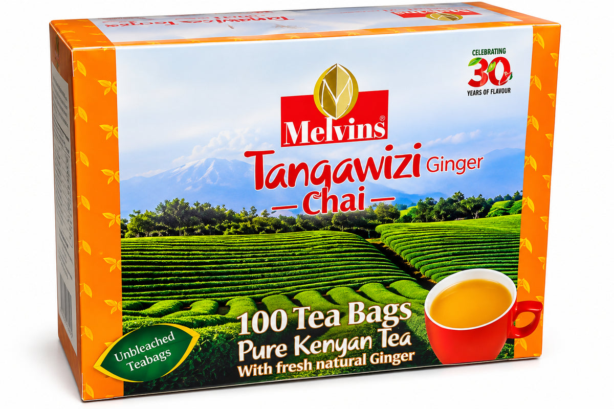 Melvins Tangawizi Ginger Chai with 100 tea bags, pure Kenyan tea, natural ginger and unbleached teabags for convenient spiced chai at breakfast, home, work, or travel in the USA daily.