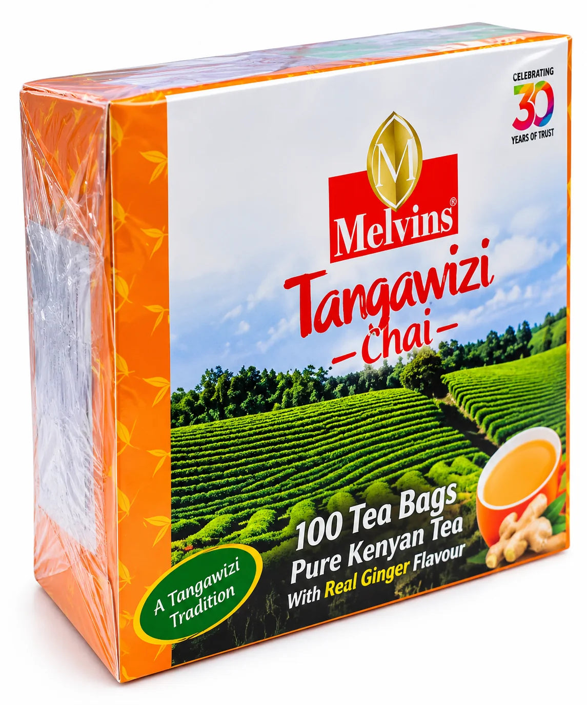 Melvins Tangawizi Chai box shown in a premium three quarter studio view with glossy shrink-wrapped orange packaging, Kenyan tea plantation artwork, 100 tea bags, Pure Kenyan Tea, Real Ginger Flavour messaging and a cup for US shoppers seeking ginger chai.