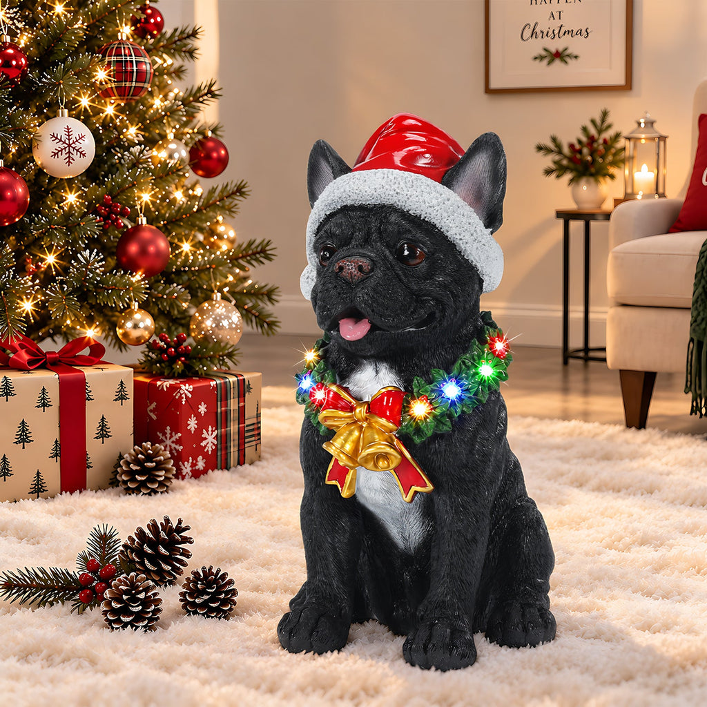 Lighted Christmas French Bulldog Statue